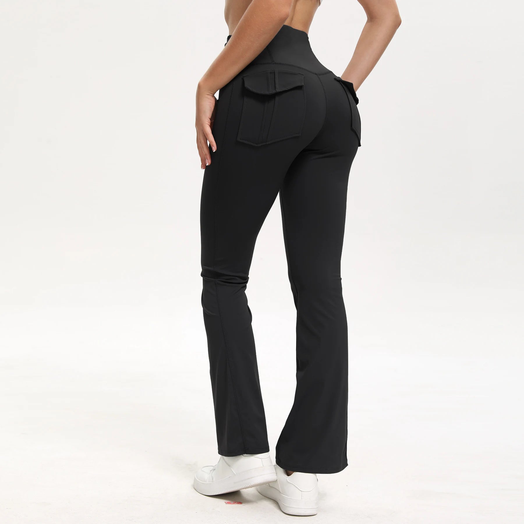 Women's High Waisted Flared Yoga Pants with Pockets Tummy Control Bootcut Leggings for Gym Fitness Casual Wear Black Standard