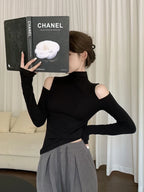Korean Fall Winter Turtleneck Basic Tops Women Sexy Off Shoulder Long Sleeve Thick Fleece T Shirt Fashion Black Tees Lady