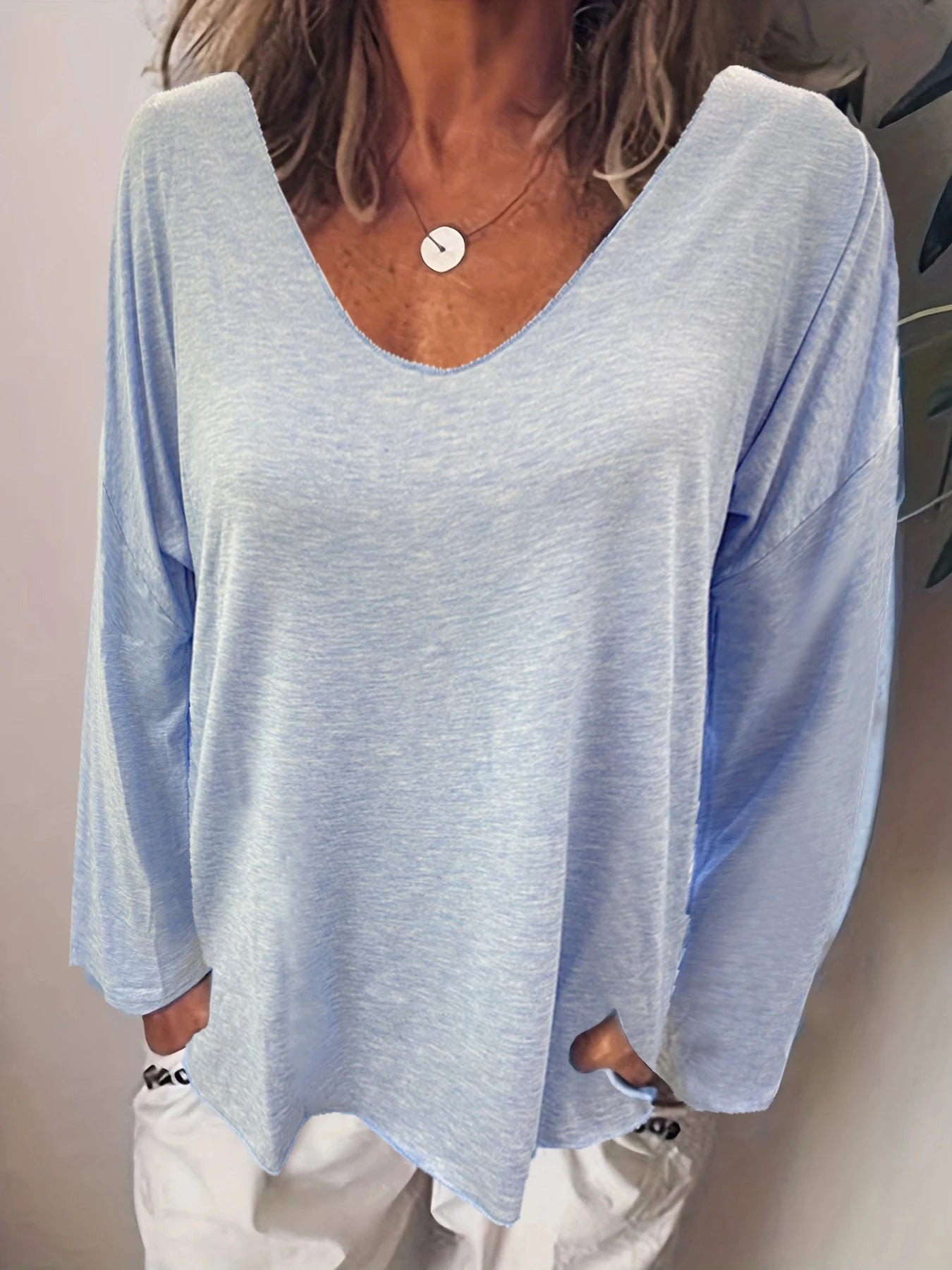 Fashion Summer New Women T-Shirt Solid Color Casual Versatile Loose Tops V-Neck Blouses Long Sleeve Shirt Perspective Y2K Tops Blue