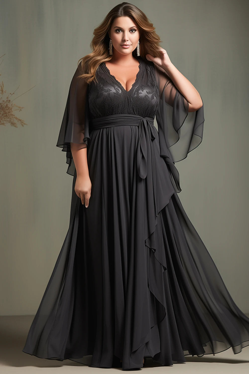 Flycurvy Plus Size Wedding Guest Black Chiffon Lace Flutter Sleeve Asymmetrical Hem Maxi Dress black