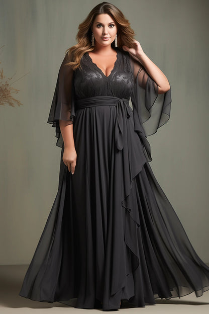 Flycurvy Plus Size Wedding Guest Black Chiffon Lace Flutter Sleeve Asymmetrical Hem Maxi Dress black