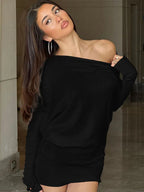 Off Shoulder Sexy Mini Dress Women Oblique Neck Long Sleeve Bodycon Dress Fall Winter Sexy Short Party Club Dresses black