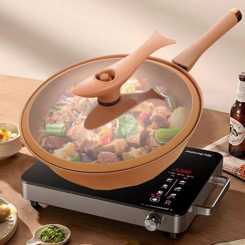 Iron Wok with Lid Non Stick Clay Wok with Steamer Basket Clay Wok Miccro Pressure Wok Multifunctional Household Frying Pan