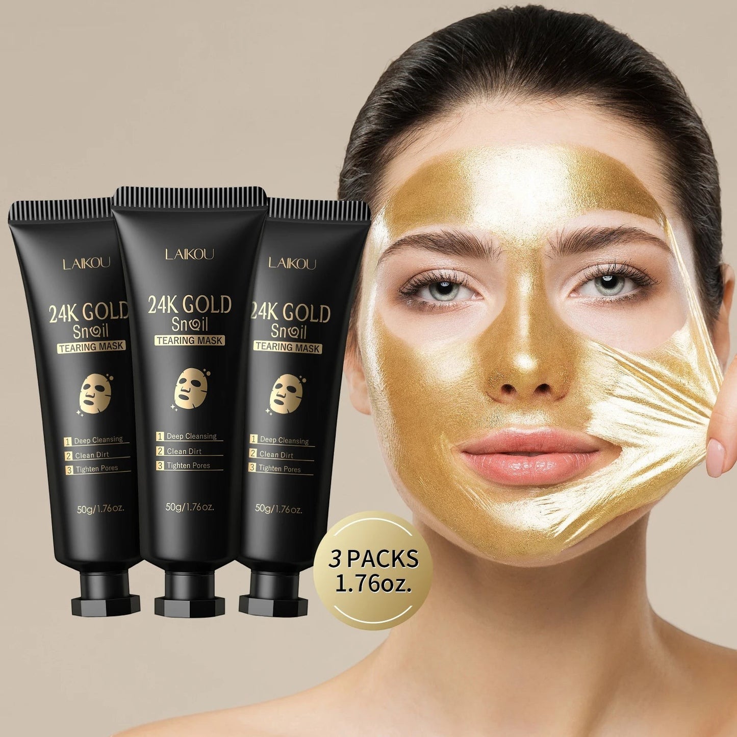 COMFORTH 24K Gold Snail Tearing Mask for deep cleansing, pore tightening, and oil control. 3 x 50g tubes.