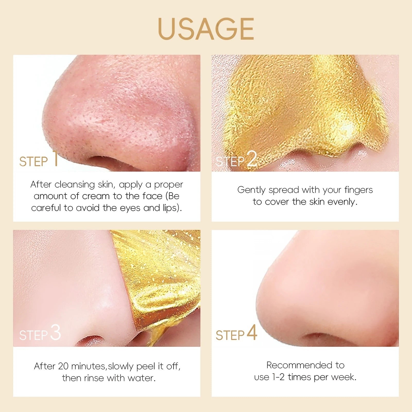 COMFORTH 24K Gold Snail Tearing Mask showing application and removal steps on a nose.