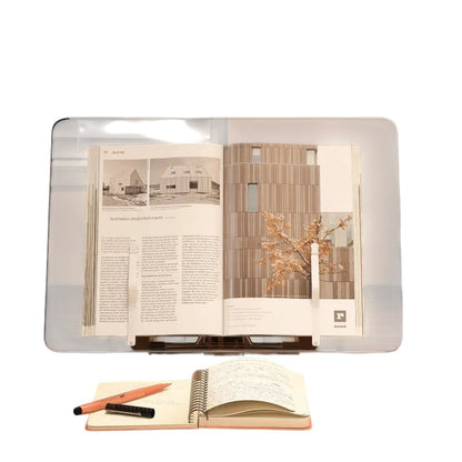 COMFORTH Clear acrylic book stand for hands-free reading, adjustable and foldable desk organizer for books and tablets.