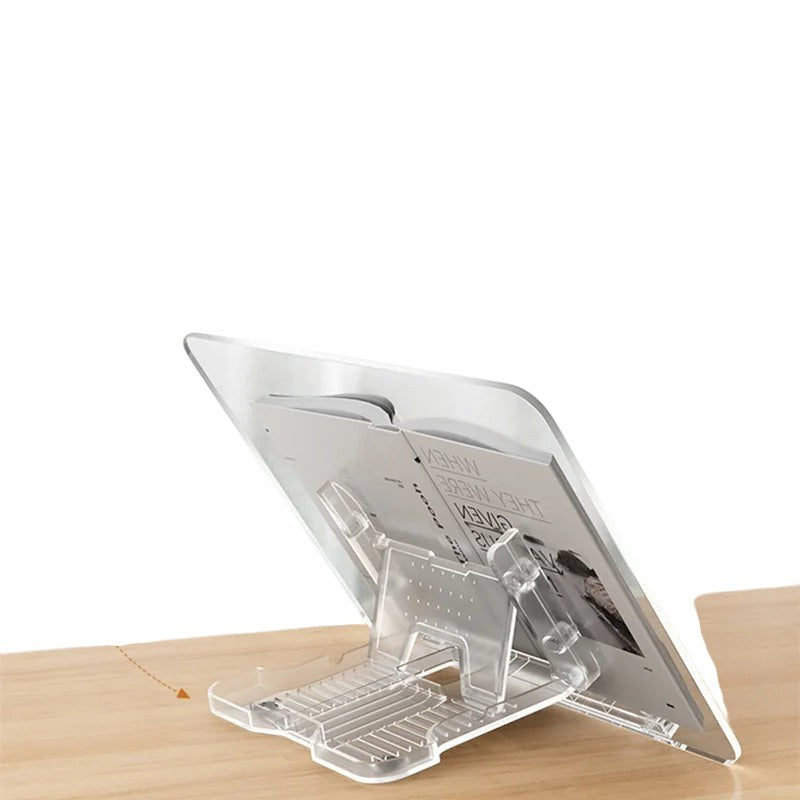 COMFORTH clear acrylic book stand for hands-free reading, adjustable and foldable desk organizer.