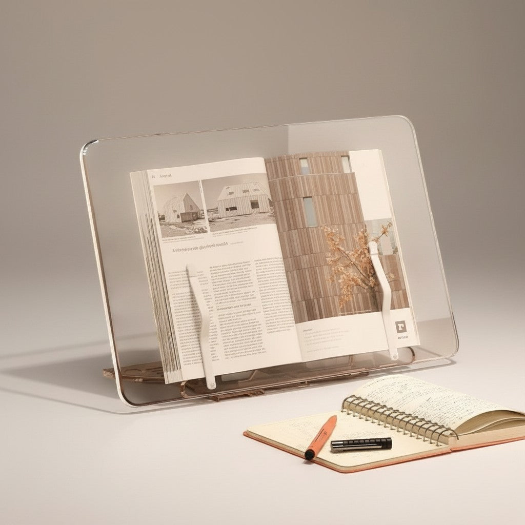 COMFORTH Clear acrylic book stand for hands-free reading, adjustable and foldable. Features a clear plastic design with page holders.