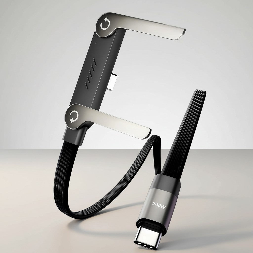 COMFORTH dark grey adjustable charging cable stand for mobile devices with 240W fast charging support.
