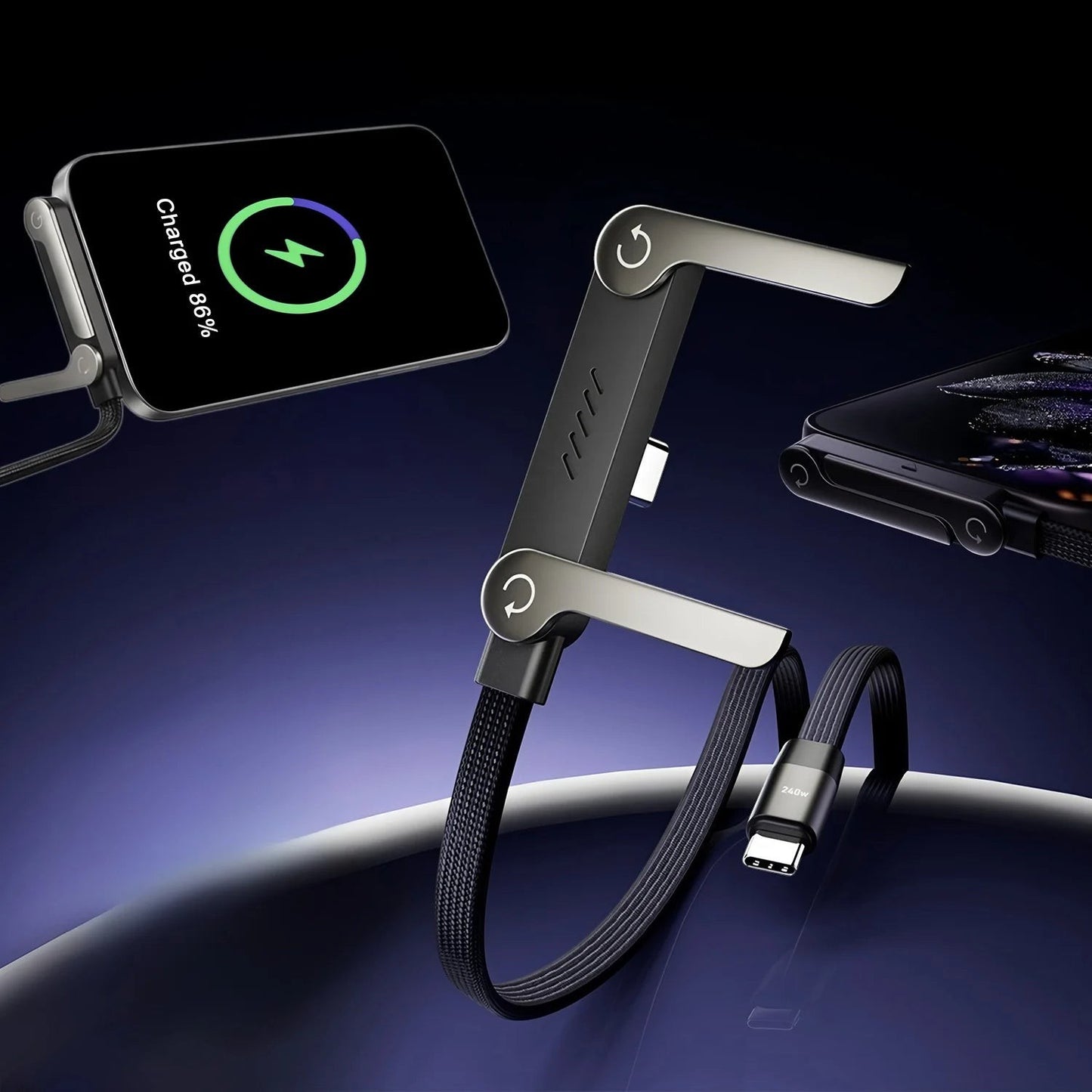 COMFORTH dark grey adjustable charging cable stand for mobile devices, 240W fast charging, braided cable.