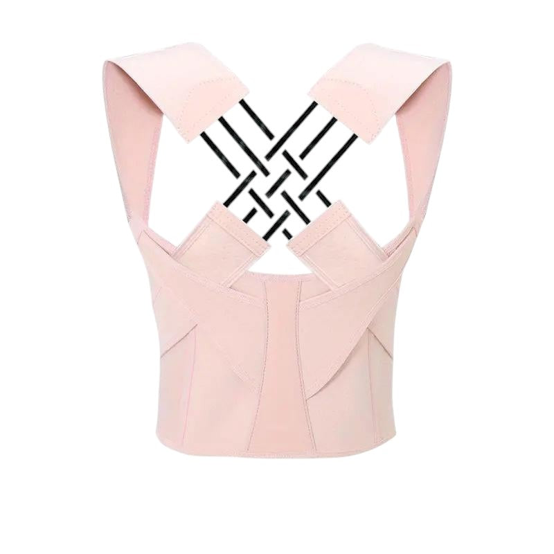 COMFORT adjustable pink posture corrector back brace with criss-cross elastic straps for back support.