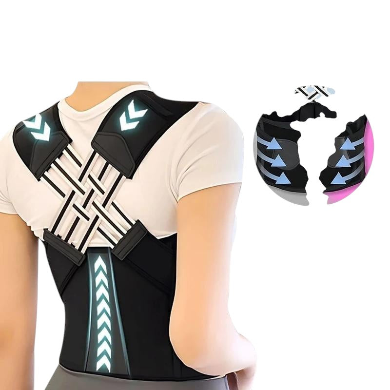 COMFORT adjustable black posture corrector back brace with white chevron accents. Breathable material for all-day wear.