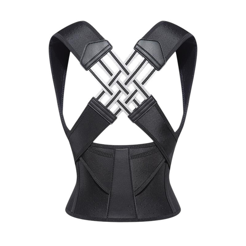COMFORT adjustable black posture corrector back brace with criss-cross shoulder straps and lumbar support.
