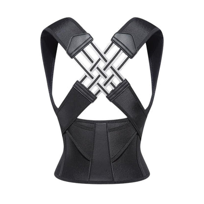 COMFORT adjustable black posture corrector back brace with criss-cross shoulder straps and lumbar support.