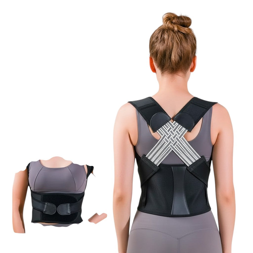 COMFORT adjustable black posture corrector back brace support with adjustable straps and lumbar support for men and women.