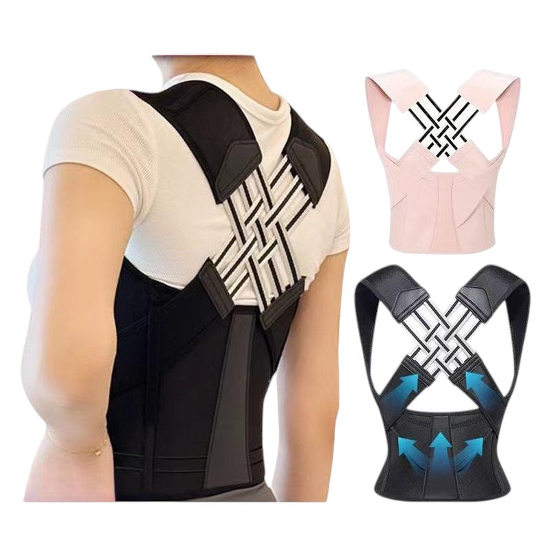 COMFORT adjustable black posture corrector back brace support with breathable fabric and customizable straps for men and women.