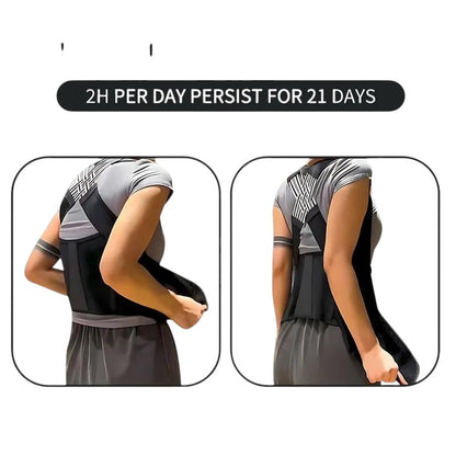 COMFORT adjustable black posture corrector back brace with adjustable straps for men and women.