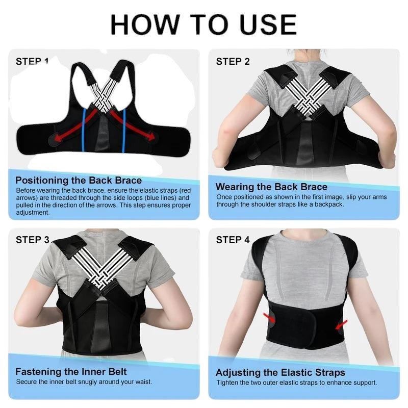 COMFORT adjustable black posture corrector back brace with straps for men and women, shown in 4 steps of use.
