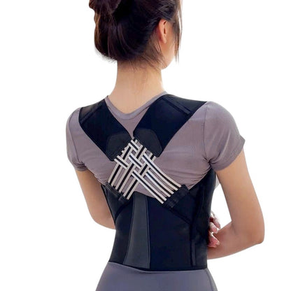 COMFORT adjustable black posture corrector back brace with lumbar support, made of breathable material.