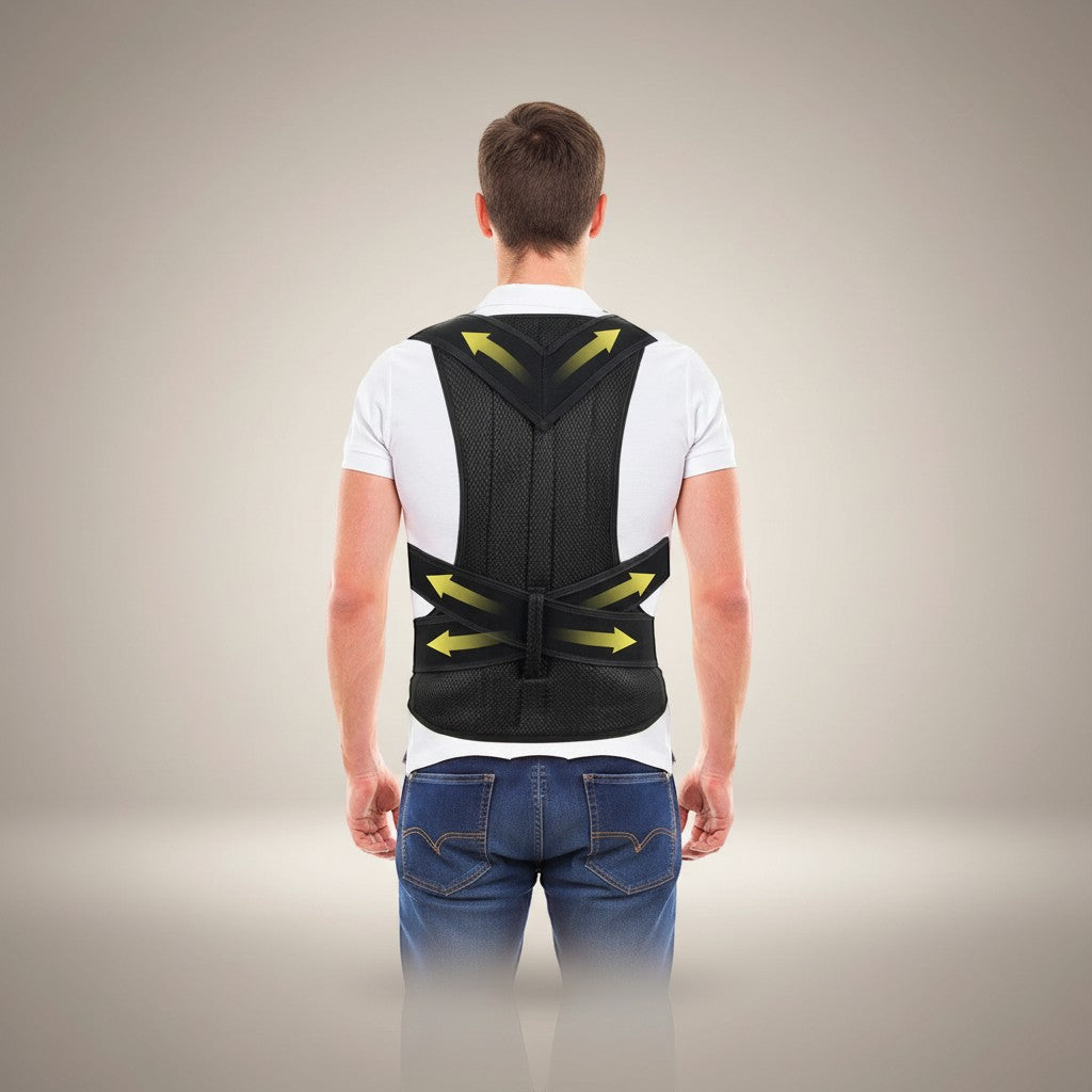 COMFORTH adjustable black mesh posture corrector back brace with yellow arrows indicating support zones. For men and women.