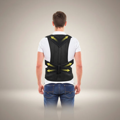 COMFORTH adjustable black mesh posture corrector back brace with yellow arrows indicating support zones. For men and women.