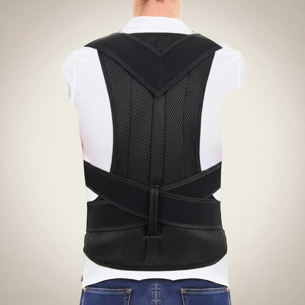 COMFORTH adjustable black mesh posture corrector back brace with X-strap support and two support plates.