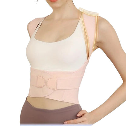 COMFORT adjustable pink posture corrector back brace support with lumbar strap, made of breathable fabric.