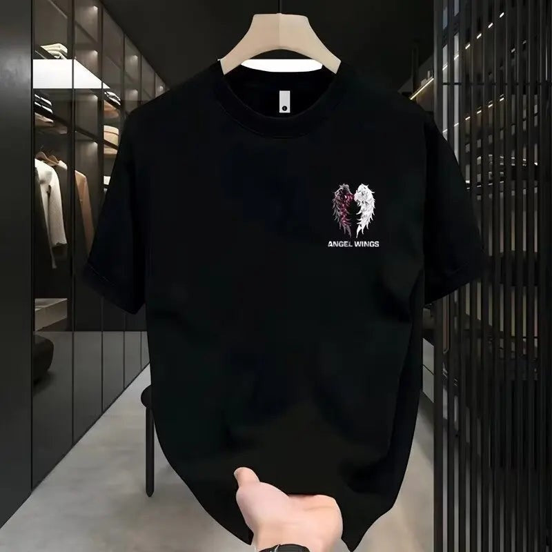 COMFORTH black cotton t-shirt with split angel wings graphic and "ANGEL WINGS" text.