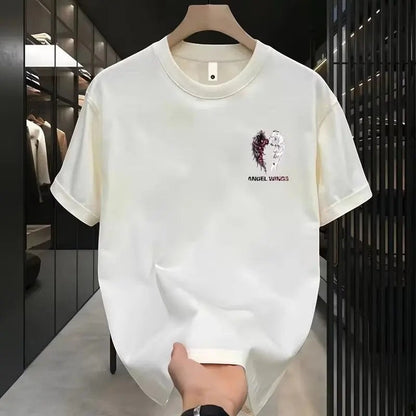 COMFORTH Angel Wings graphic t-shirt in cream cotton with split dark and white wing design.