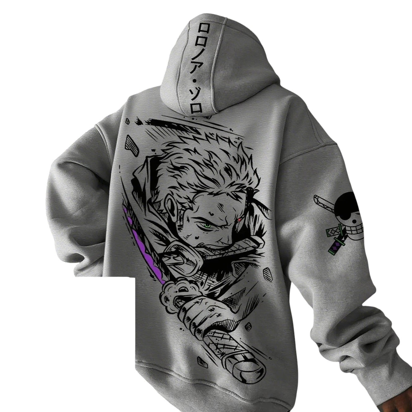 COMFORTH grey anime graphic hoodie with Roronoa Zoro illustration and Japanese lettering on hood. Features a front pocket and One Piece Jolly Roger on sleeve.