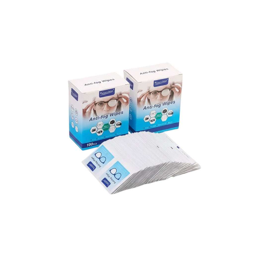 COMFORT Powerclean Anti-fog Wipes for eyeglasses, sunglasses, and goggles. Pack of 100 individually wrapped wipes.
