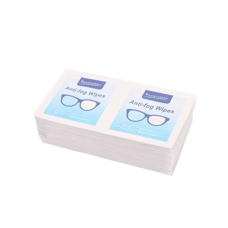 COMFORTHere's a stack of individually packaged Powerclean Anti-fog Wipes for eyewear, featuring a blue graphic of glasses.