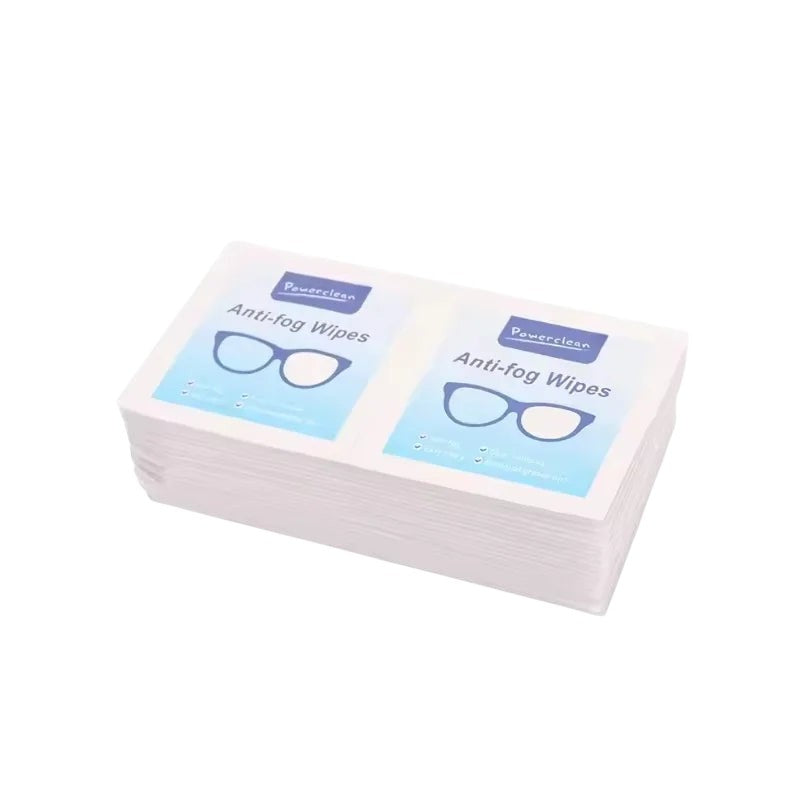 COMFORTHere's a stack of 100 individually wrapped anti-fog wipes for eyewear, featuring the Powerclean logo and a graphic of glasses.