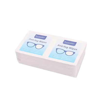 COMFORTHere's a stack of 100 individually wrapped anti-fog wipes for eyewear, featuring the Powerclean logo and a graphic of glasses.