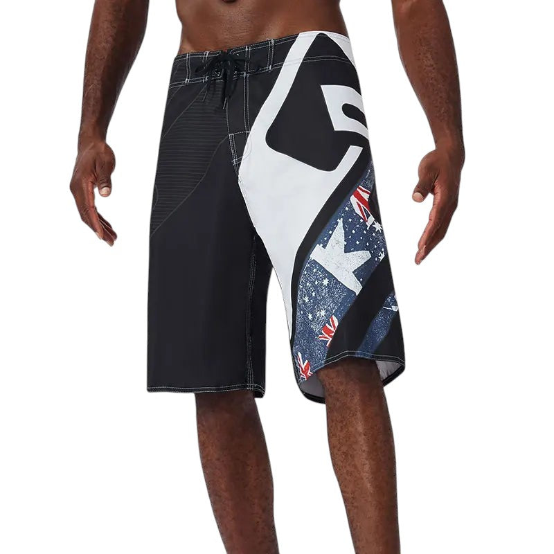 COMFORTH Men's athletic board shorts with black, white, and Australian flag print. Features drawstring closure.