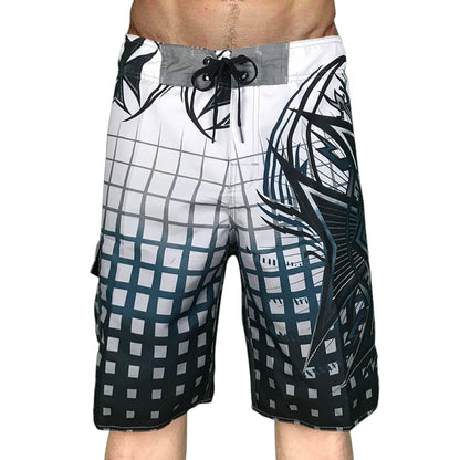COMFORTH Men's athletic board shorts with black and white graphic print and drawstring closure.