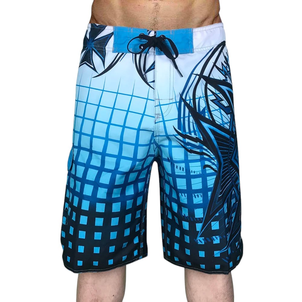 COMFORTH Men's athletic board shorts with blue and black gradient grid and abstract graphic print. Quick-dry fabric, drawstring waist.