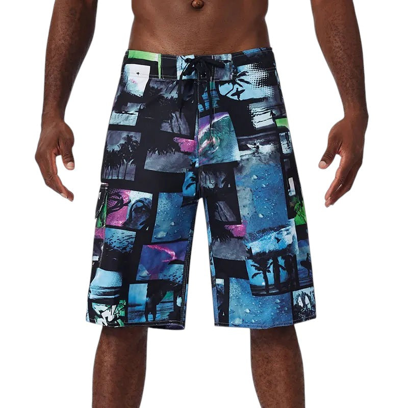 COMFORTH Men's athletic board shorts with a collage of beach and surf scenes in blue, black, and purple.