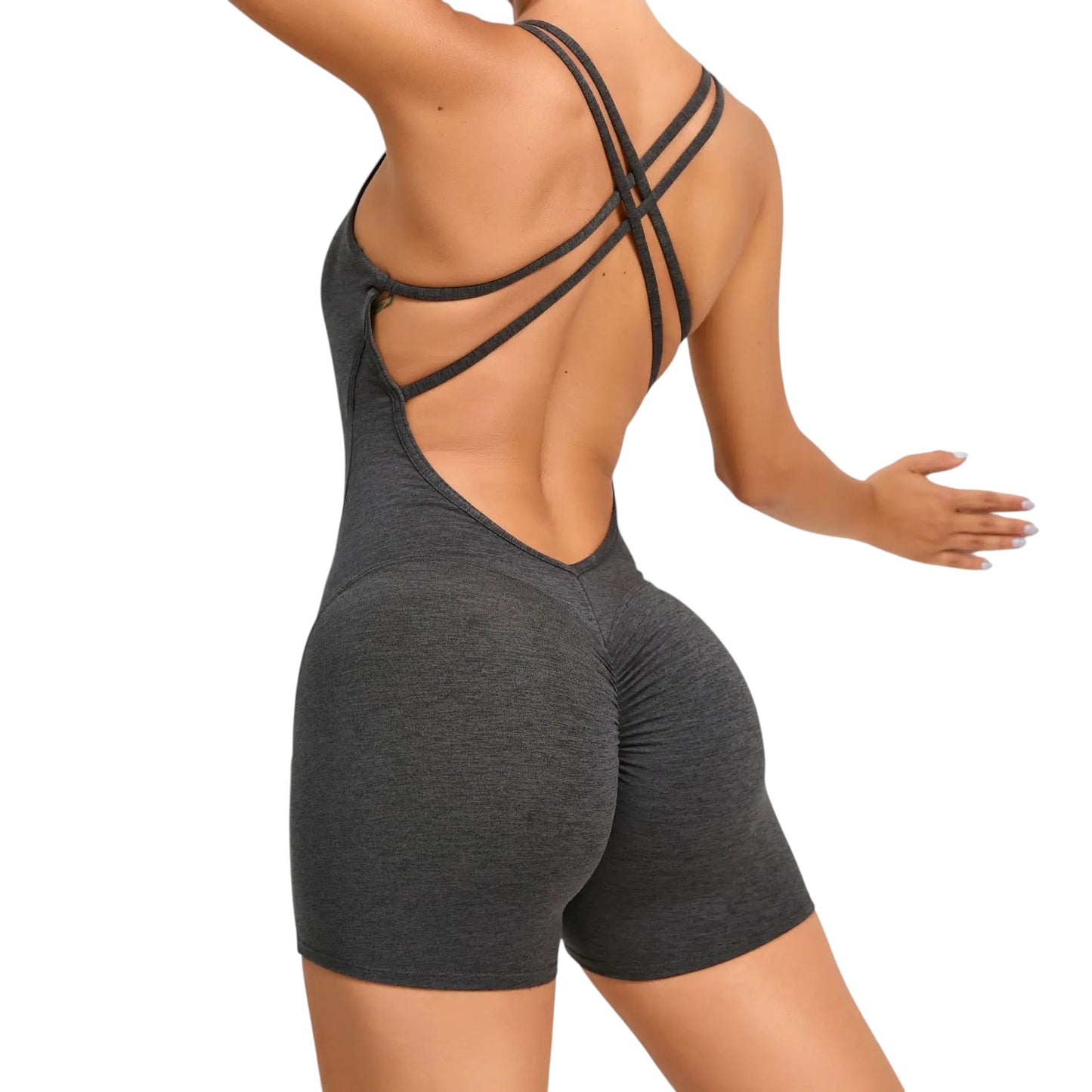 COMFORTH women's dark grey athletic bodysuit with ruched back and crisscross straps