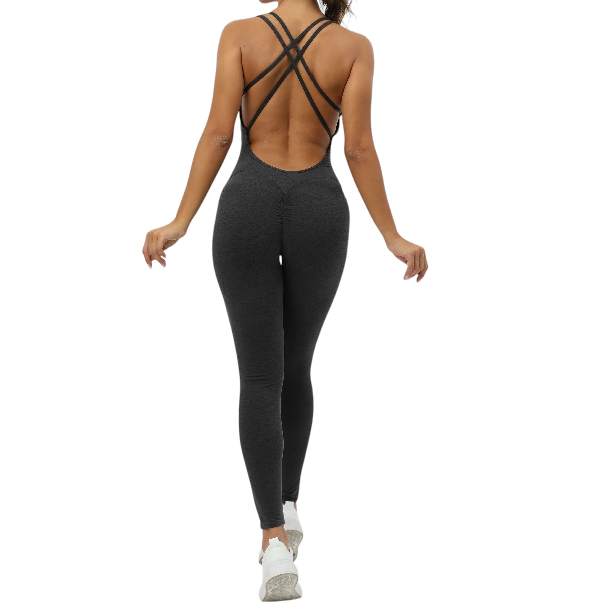 COMFORTH Women's athletic bodysuit in dark grey with open back and crisscross straps, ruched detail on back.