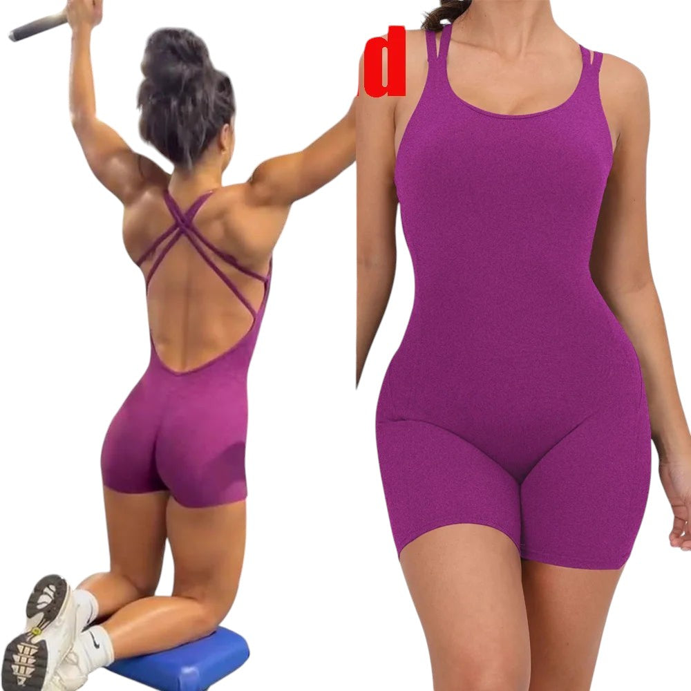 COMFORTH women's purple athletic bodysuit with open back crisscross straps and short legs. Breathable, flexible fabric.