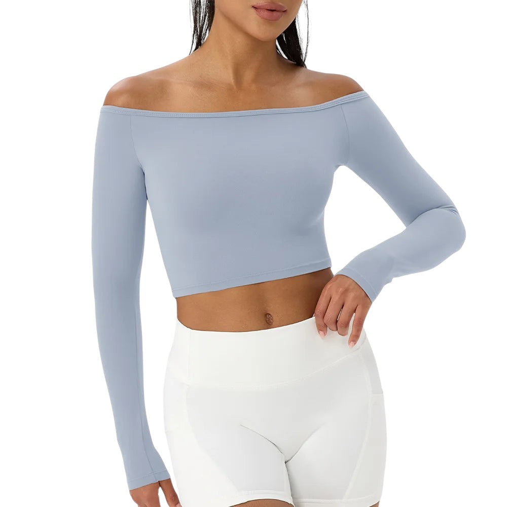 COMFORT light blue long sleeve off-the-shoulder athletic crop top made of nylon and spandex blend