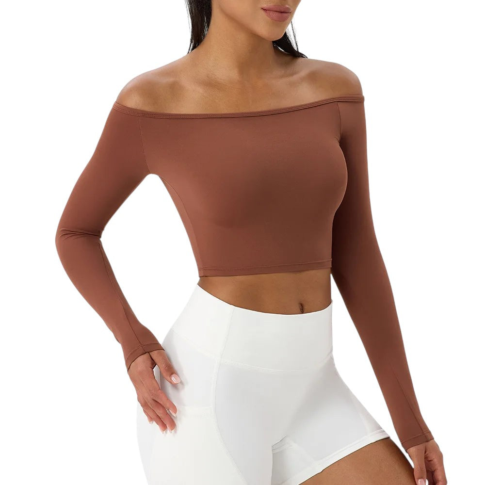 COMFORT brown long sleeve athletic crop top with off-the-shoulder neckline and thumbholes