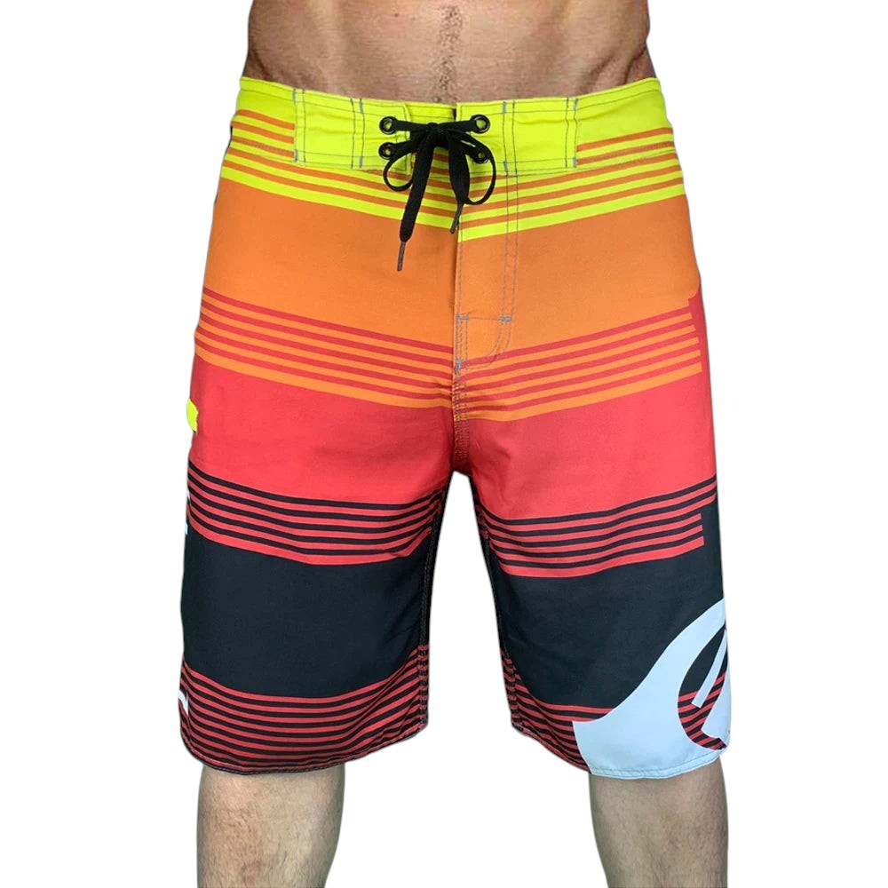 COMFORTH Men's athletic board shorts with orange, red, yellow, and black horizontal stripes. Features drawstring closure.