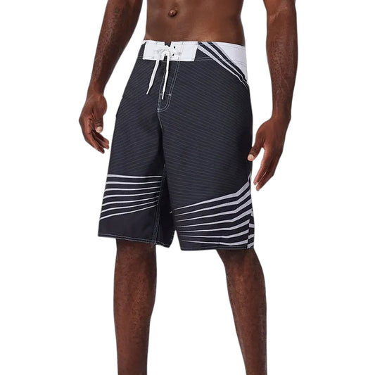 COMFORTH Men's black and white athletic striped board shorts with drawstring closure.