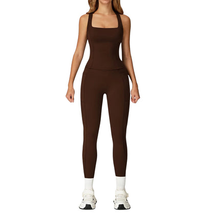 COMFORTH women's brown athletic two-piece set with halter neck sports bra and high-waisted flare leggings with V-waistband.