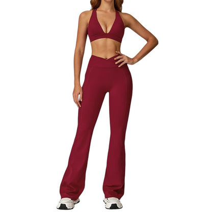 COMFORTH women's athletic two-piece set with V-neck halter bra and high-waisted flare leggings in burgundy