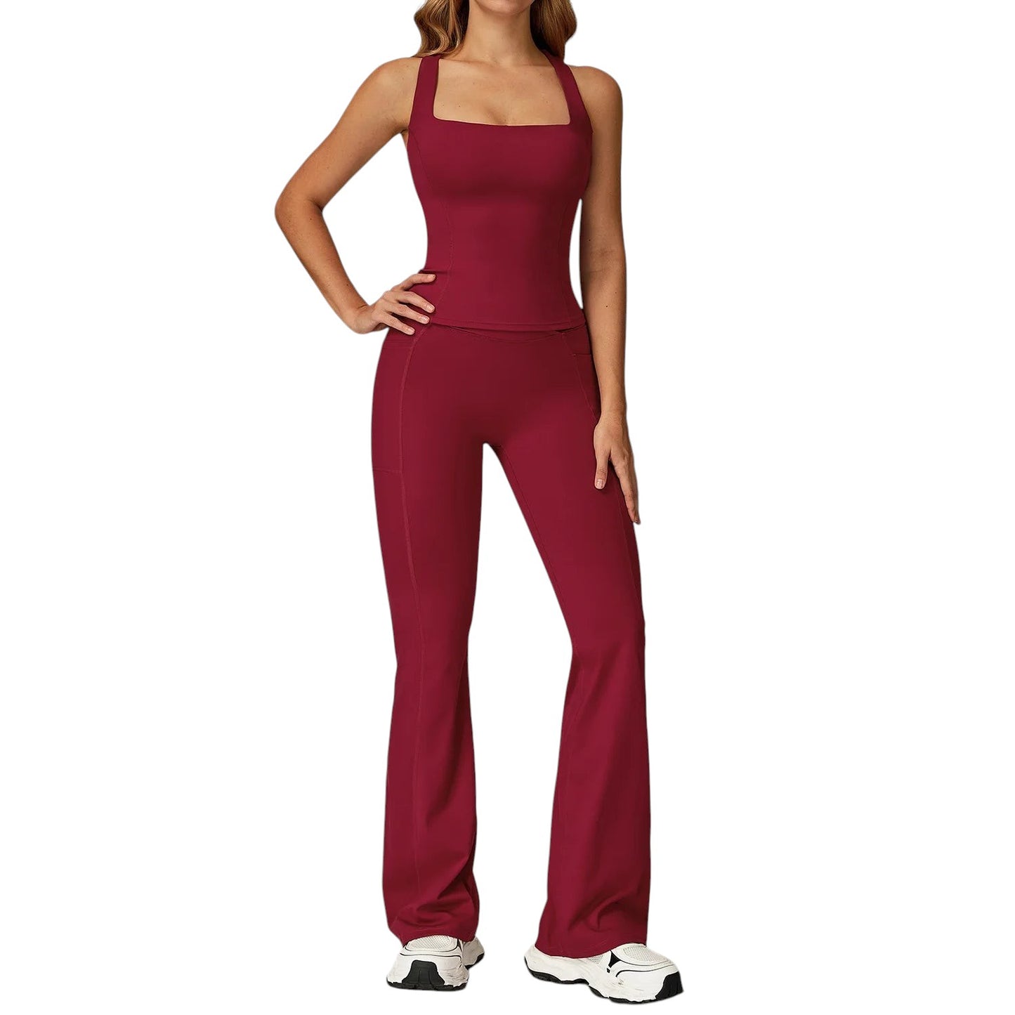 COMFORTH women's athletic two-piece set in deep red, featuring a square-neck sports bra and high-waisted flare leggings with V-waistband.