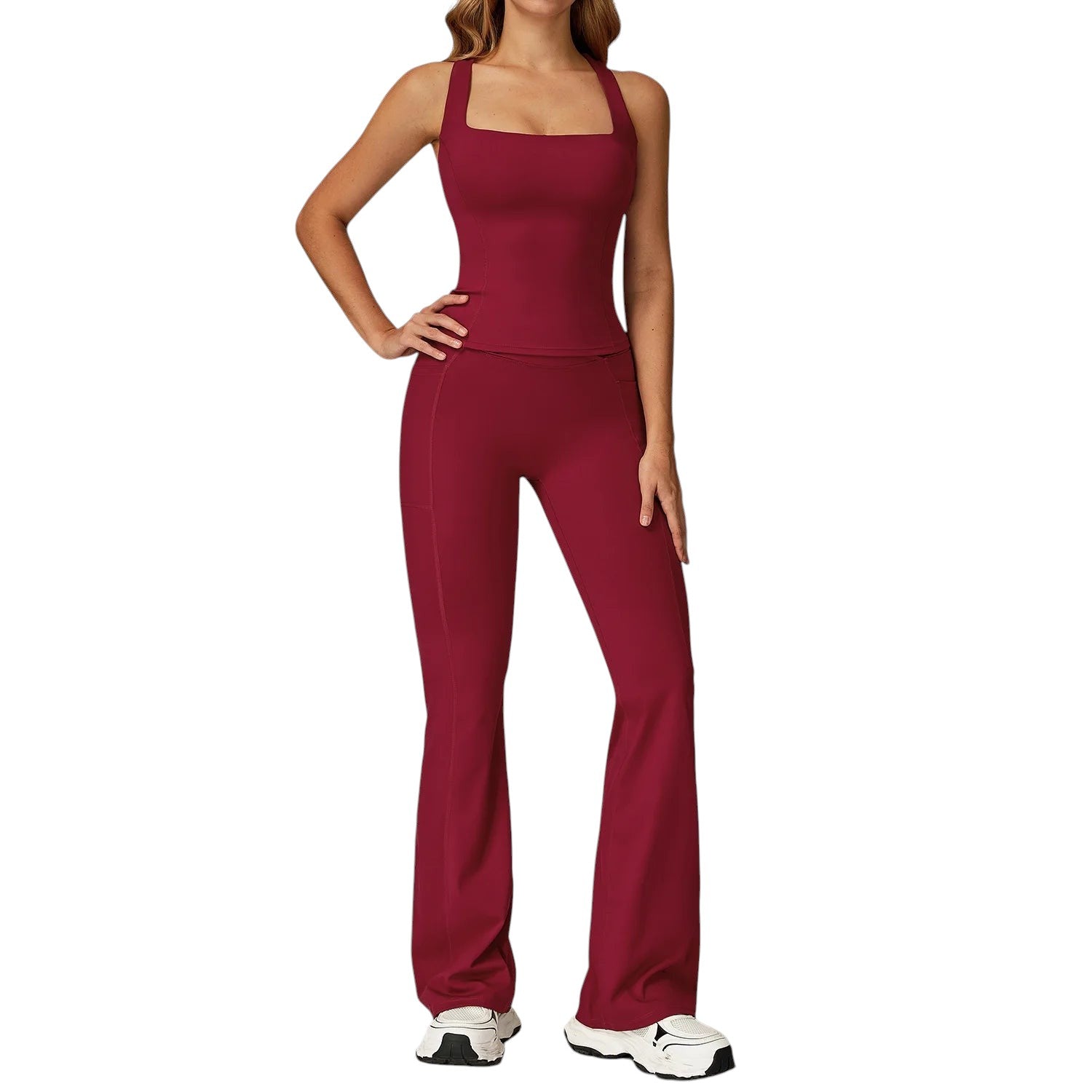 COMFORTH women's athletic two-piece set in deep red, featuring a square-neck sports bra and high-waisted flare leggings with V-waistband.
