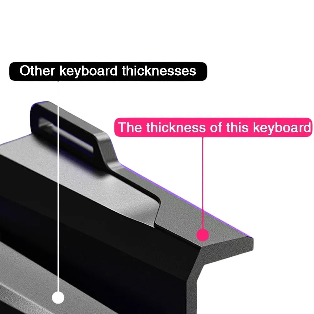 COMFORTH AULA WIN60 RGB magnetic gaming keyboard, showing its slim profile compared to other keyboards.